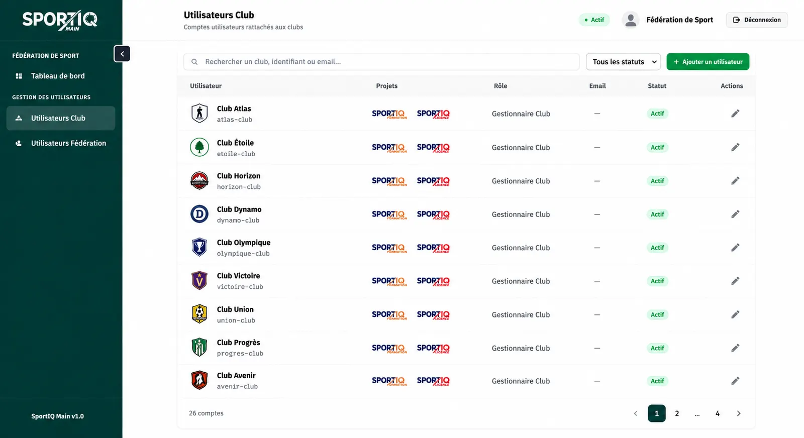 Écran SportIQ de gestion des comptes utilisateurs rattachés aux clubs de la fédération